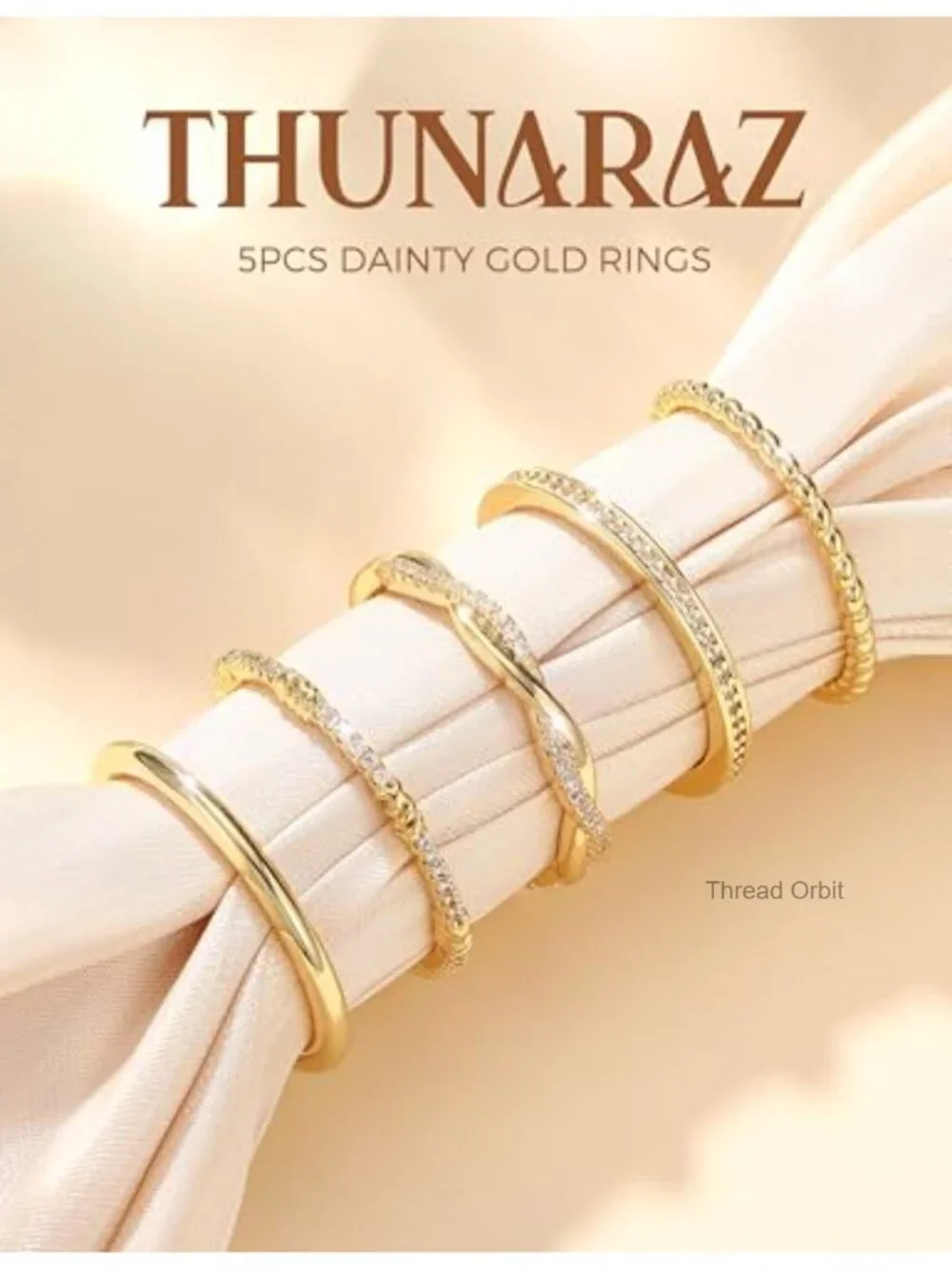 5-Piece Stackable Gold Plated Ring Set - Non Tarnish, Dainty Thin Bands